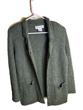 Katherine Bishop Olive Green Bouclé Wool Blend Button Up Cardigan Sweater Jacket
